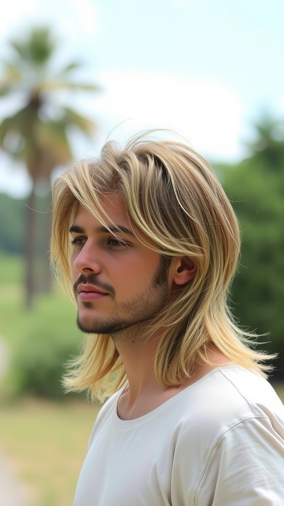 A person with a classic mullet hairstyle featuring long layers, showing a modern take on the traditional cut.