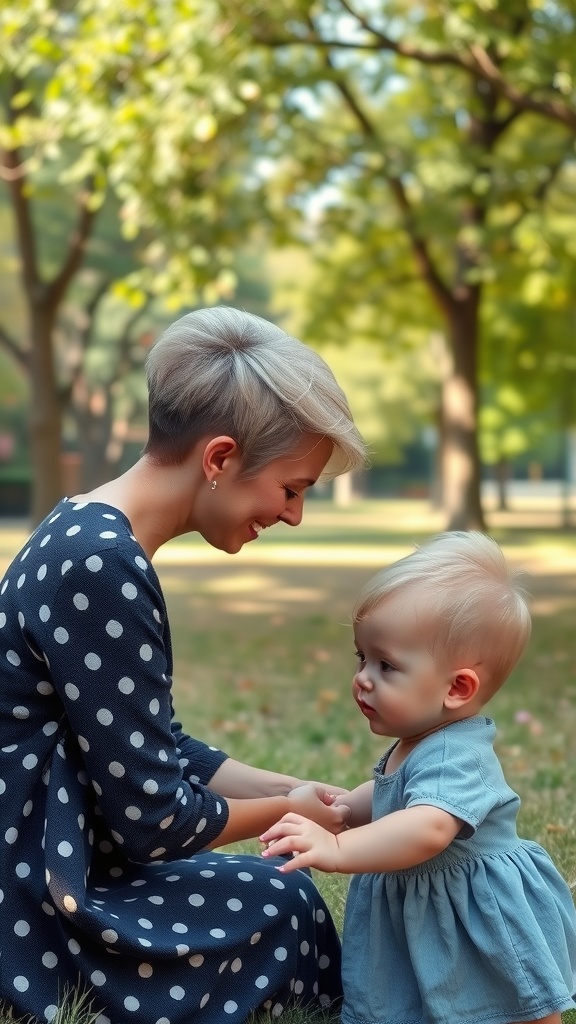 A woman with a classic pixie cut, featuring short, textured hair and a soft blonde color.
