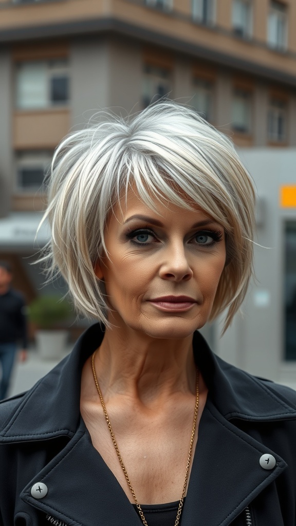 A woman with a classic shag haircut, featuring soft layers and subtle highlights, wearing a black jacket.