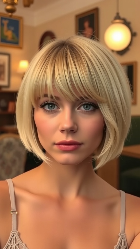 A woman with a classic shag hairstyle featuring soft blunt bangs, showcasing a stylish and modern look.
