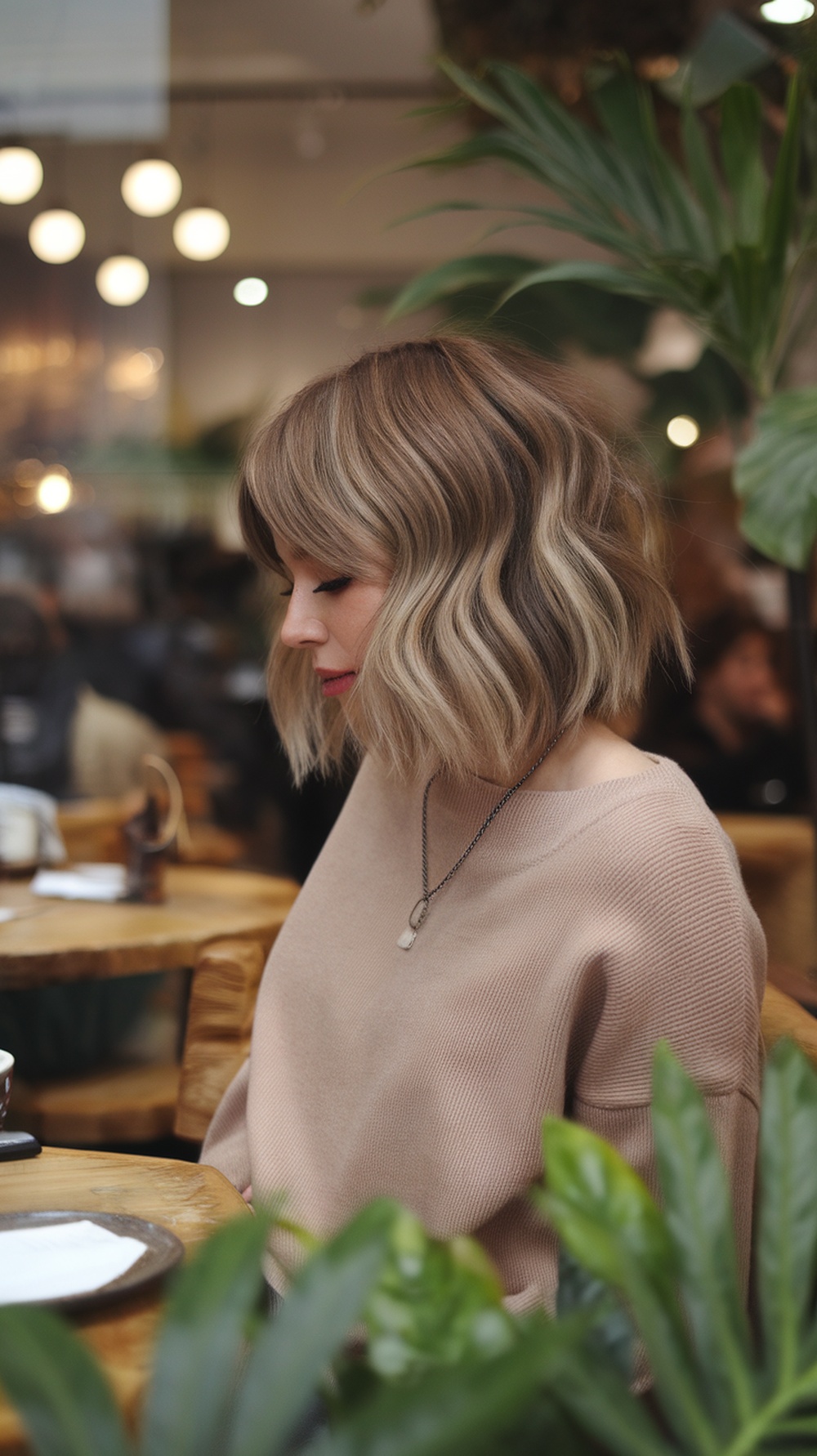 A woman with a shaggy bob hairstyle and soft waves, wearing a cozy sweater, sitting at a cafe surrounded by greenery.