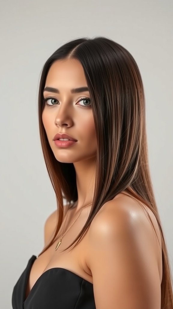 A woman with long, straight hair styled in a middle part, showcasing a classic hairstyle.