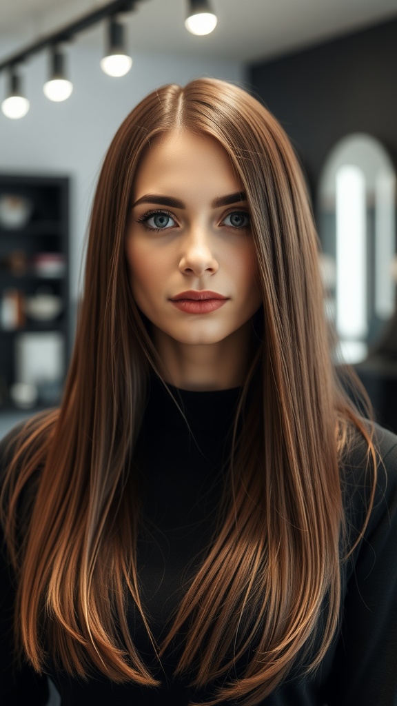 A model with long, straight hair styled with volume, showcasing a polished and elegant look.
