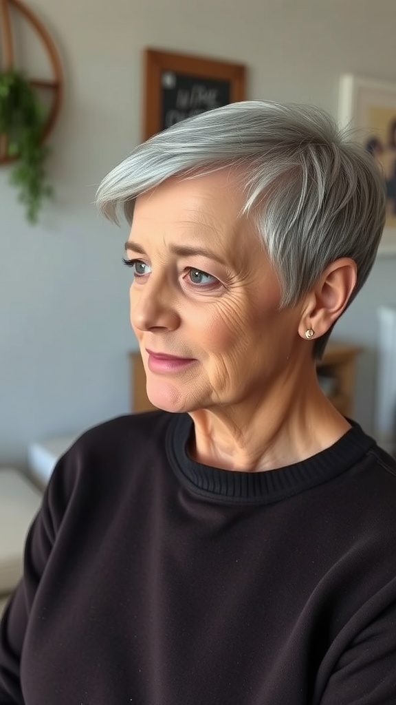 A woman with a classic tapered haircut, showcasing a stylish and easy-to-maintain look.
