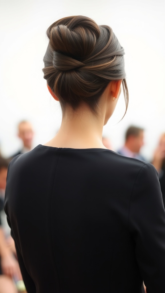 A classic tucked bun hairstyle, showcasing a neat and polished look.