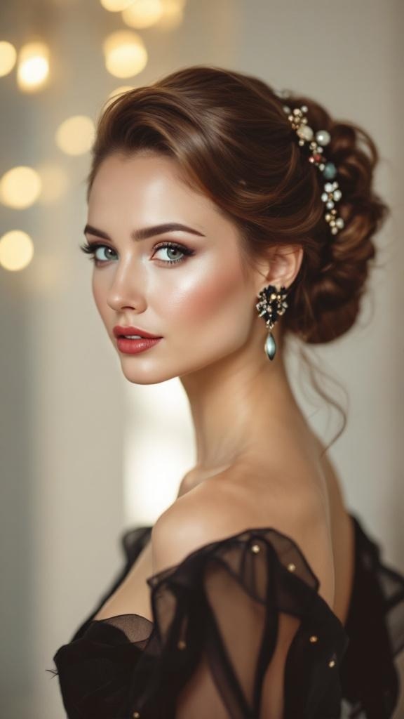 A woman with a classic updo hairstyle adorned with accessories, showcasing elegance and sophistication.