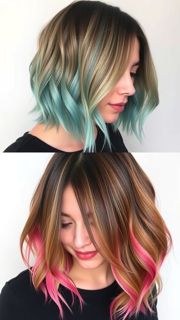 A short stacked wedge haircut featuring a blend of blonde and brown highlights.