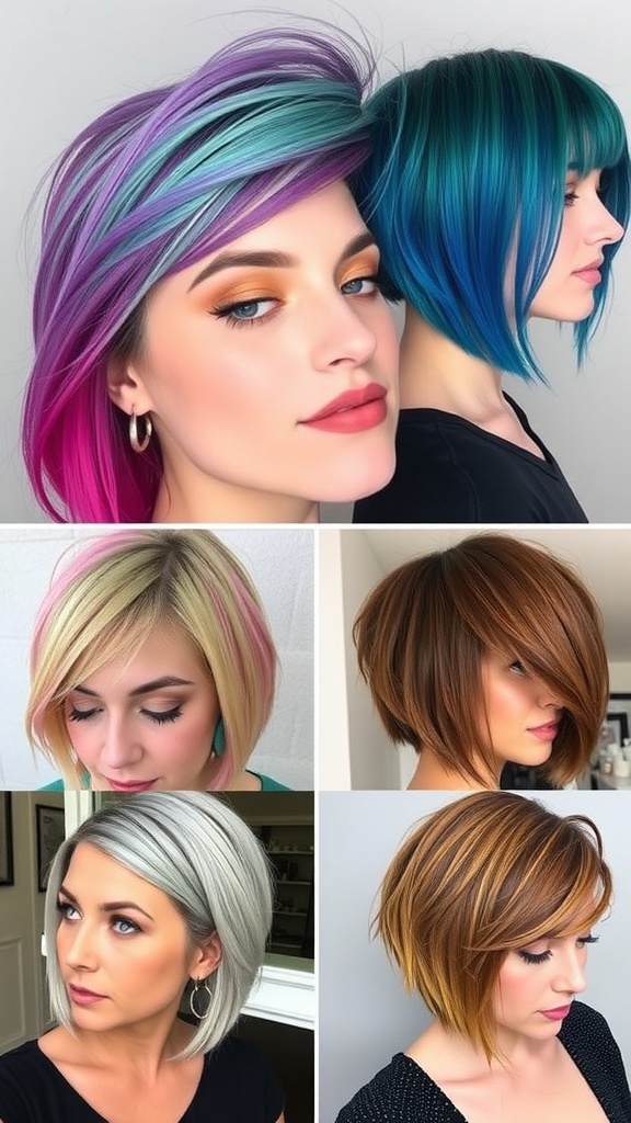 A vibrant long pixie bob hairstyle in red and pink hues, paired with stylish sunglasses.