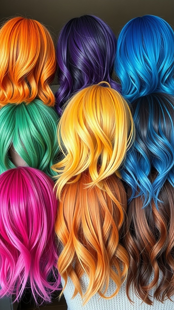 A close-up of a shaggy lob hairstyle featuring vibrant colors like pink, blue, and purple blended into warm blonde.