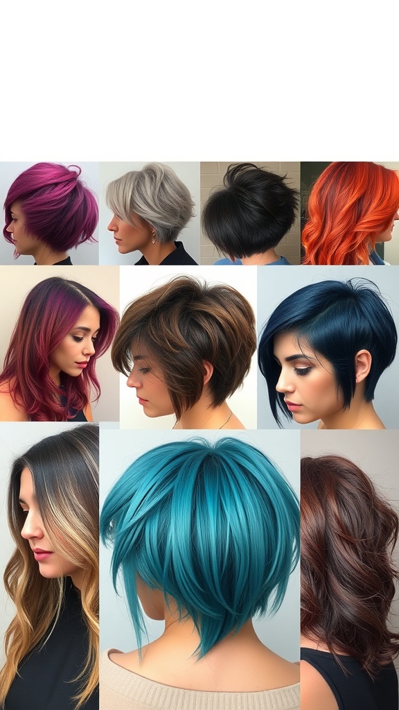A collage of various wolf cuts with curtain bangs in different vibrant colors.
