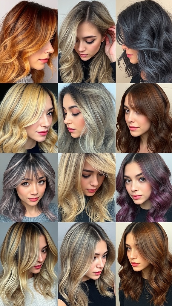 A collage showcasing different color variations of the Wavy Wolf Cut With Bangs hairstyle.