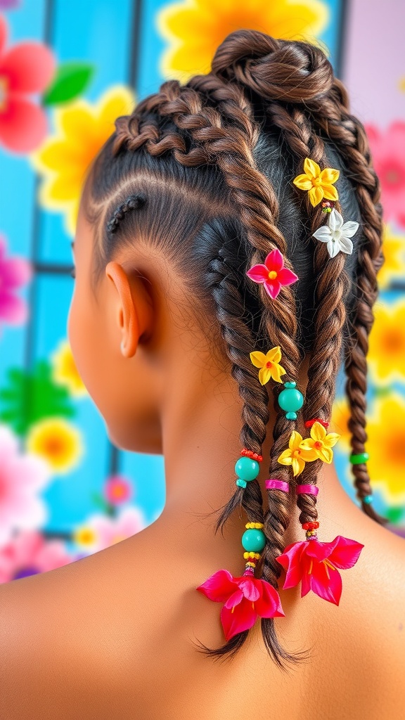 A hairstyle featuring colorful baby braids with flowers and beads.