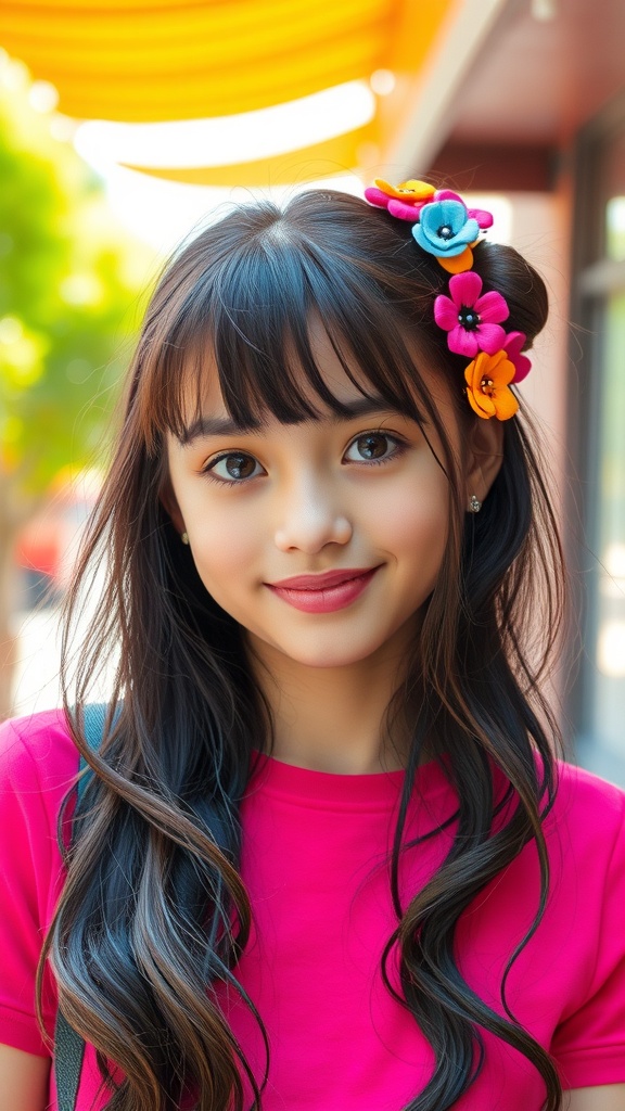 A young girl with long hair wearing colorful flower clips in her hair, smiling at the camera.