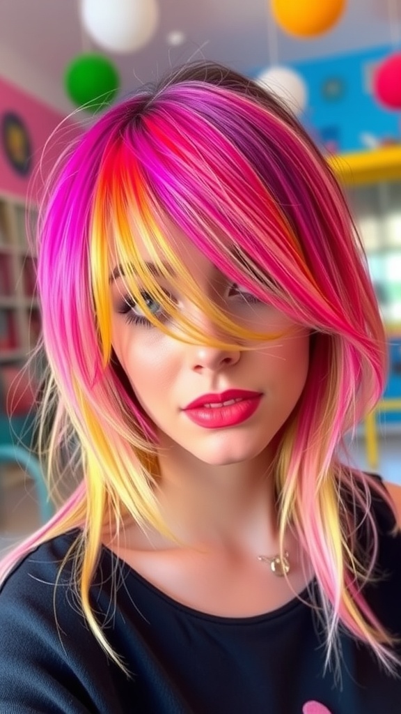 A child with colorful highlights in their hair, showcasing a playful hairstyle.