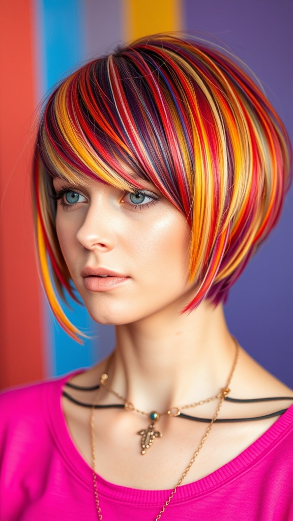 A woman with a colorful shag haircut featuring vibrant highlights in red, yellow, and purple.