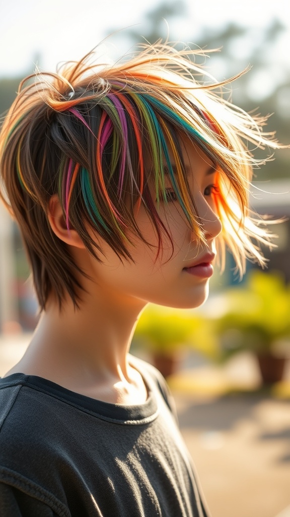 A person with short shaggy hair featuring colorful highlights in various shades.