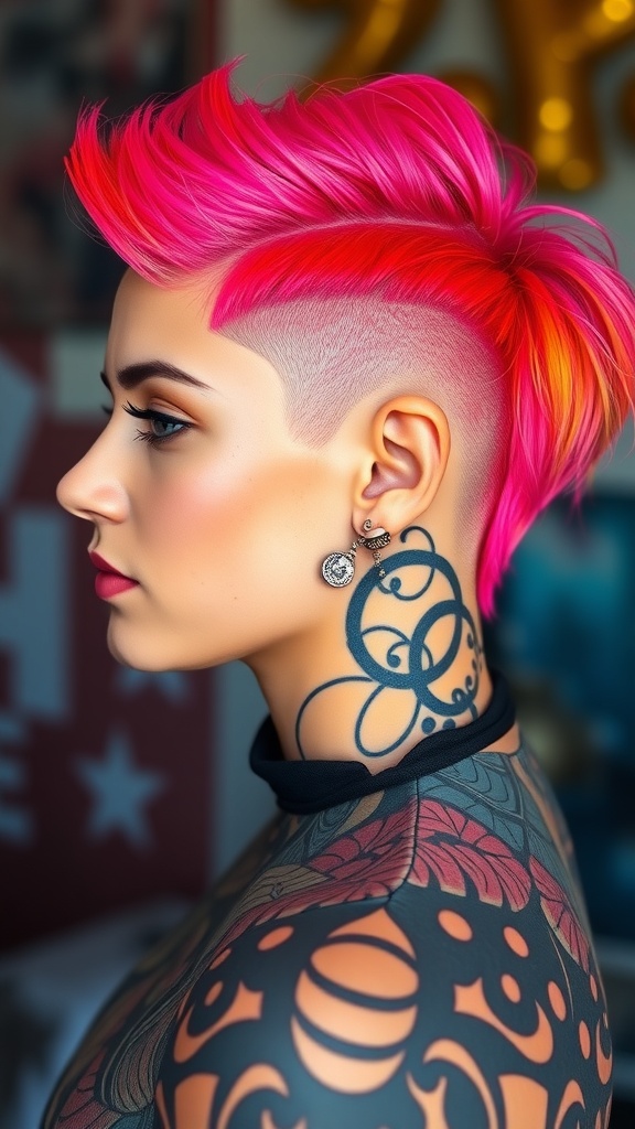 A person with a colorful side shaved fade hairstyle, featuring bright pink and orange hair, showcasing a bold and edgy look.
