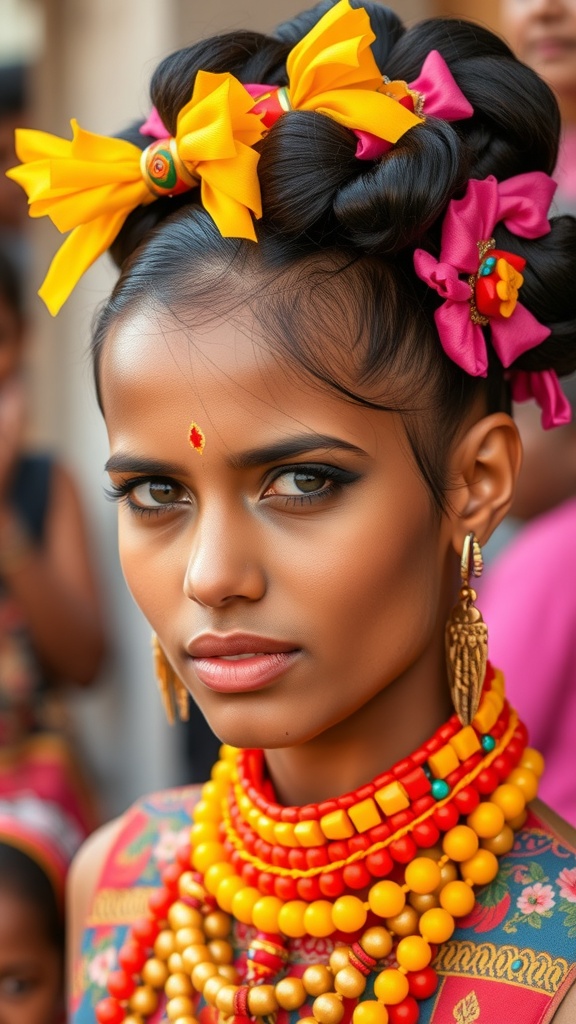 A mannequin with a tucked hairstyle featuring colorful hair accessories.