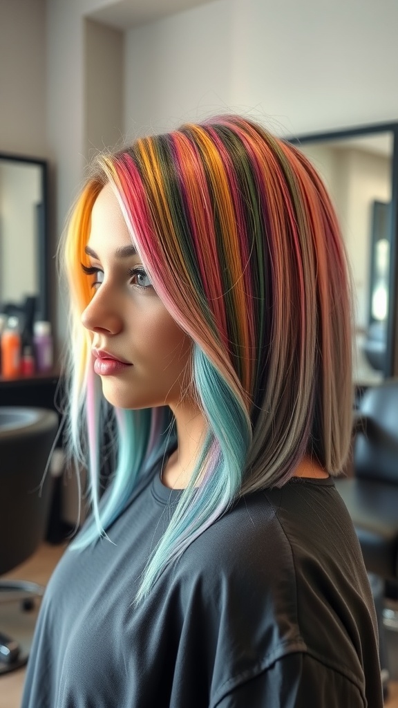 A woman with a colorful faded undercut hairstyle featuring vibrant streaks of pink, blue, and yellow.