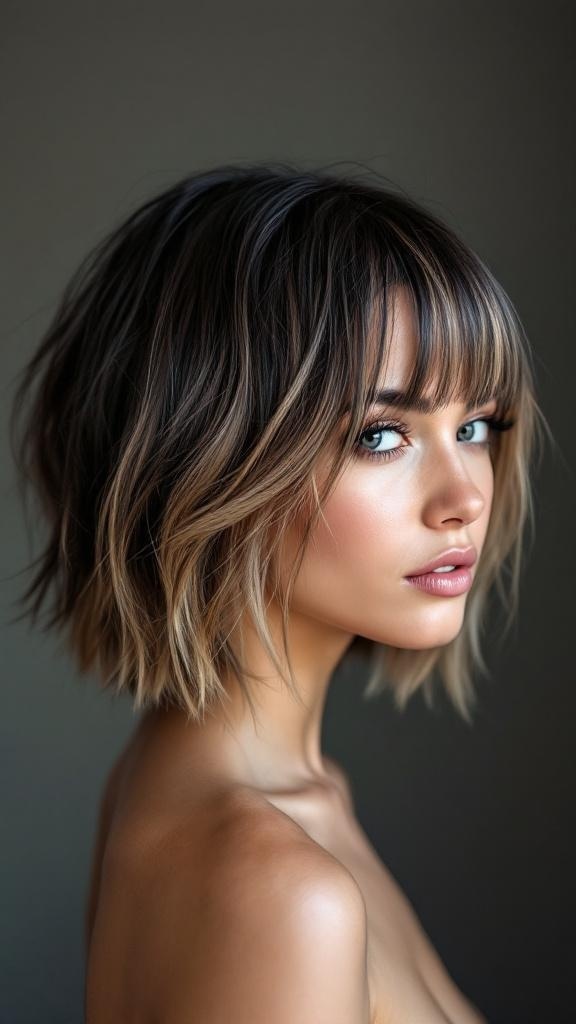 A woman with a Hime haircut featuring soft waves and a blend of warm brown tones.