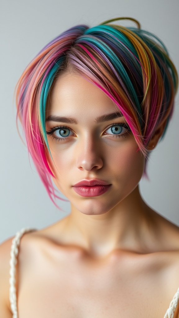 A woman with Butterfly Cut Short Hair featuring vibrant pink, blue, and yellow colors.