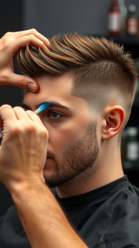 A young man with a vibrant wolf cut hairstyle featuring bright pink and blue colors, showcasing a trendy and playful look.