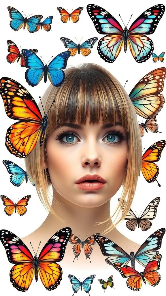 A woman with Butterfly Cut Short Hair surrounded by colorful butterflies