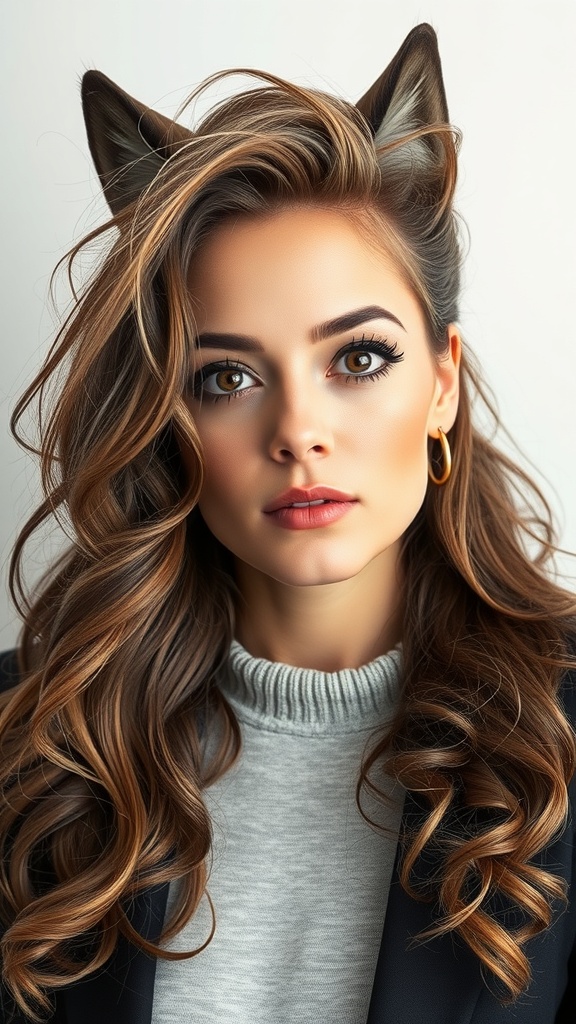 A woman with wavy hair styled in a Wolf Cut with bangs, showcasing a playful and modern look.