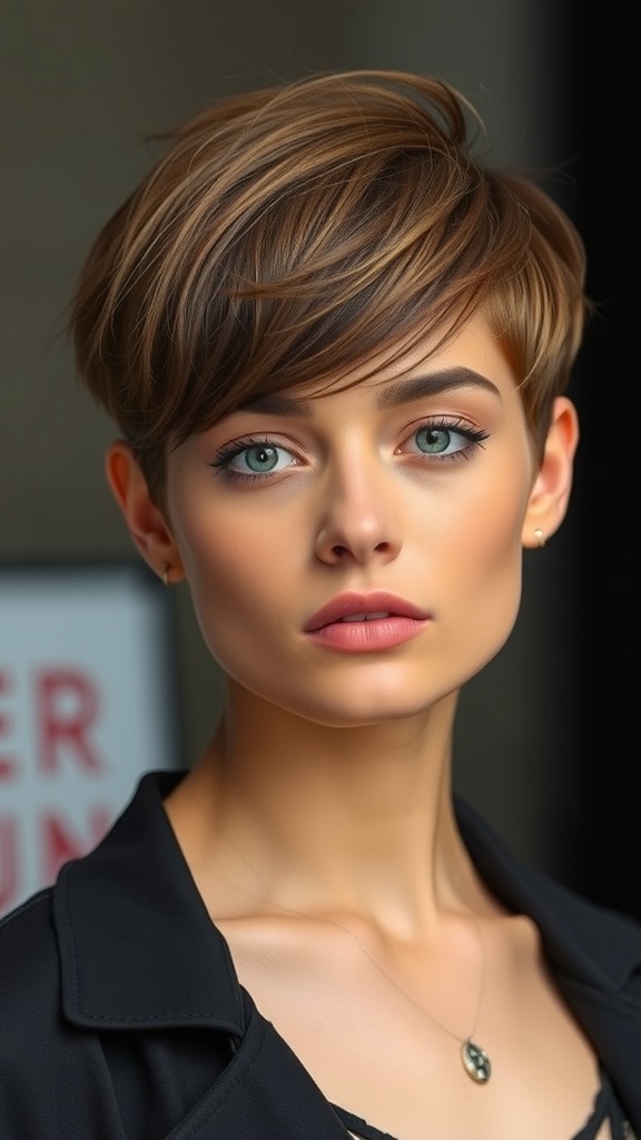 A woman with a short stacked wedge haircut and bangs, showcasing a stylish and modern look.