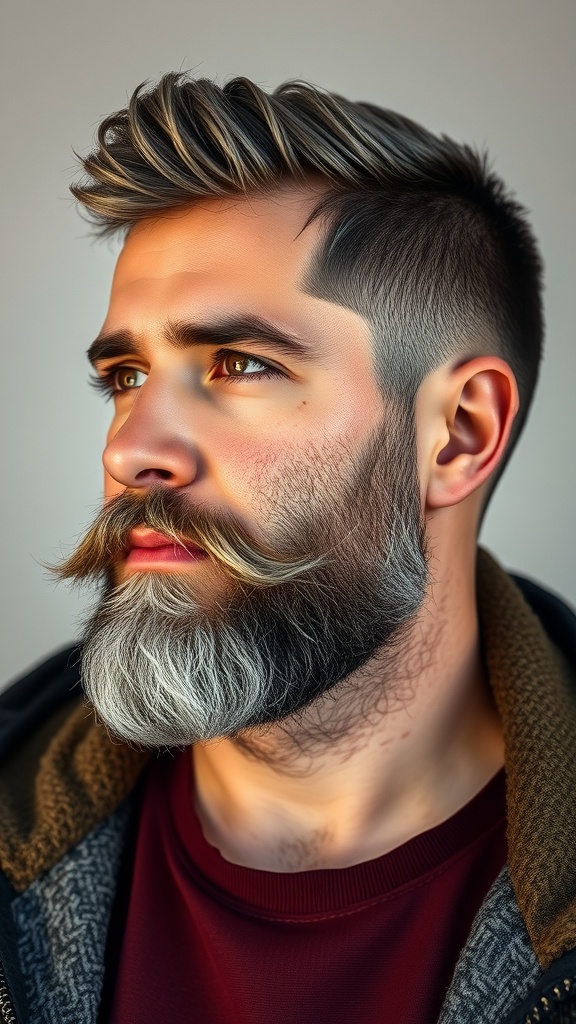 A man with a wolf cut hairstyle and facial hair, showcasing a stylish and rugged appearance.
