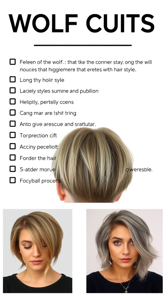 Image showing different styles of wolf cuts with curtain bangs.