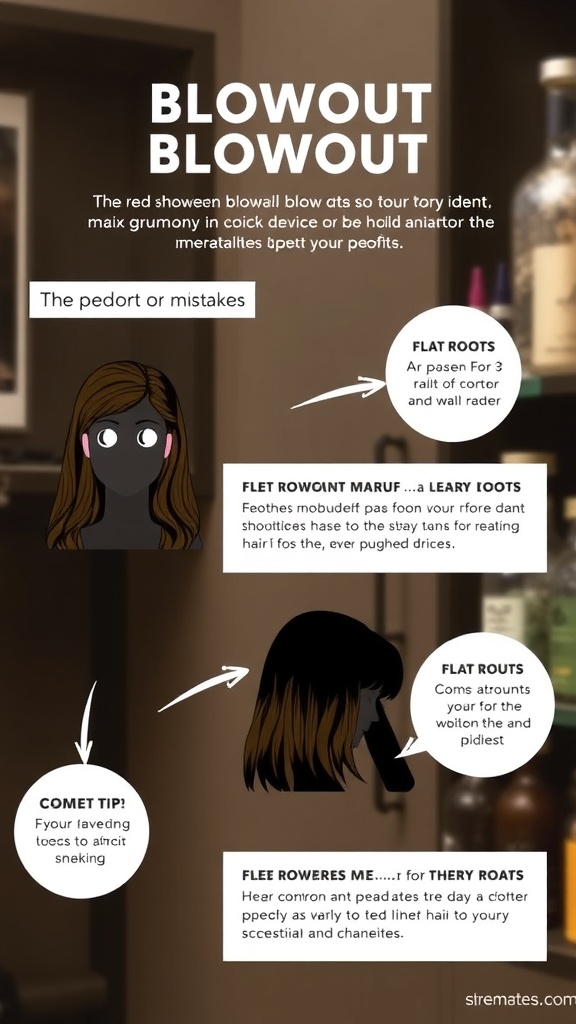 An illustration showing common mistakes to avoid when achieving a 90s blowout hairstyle.