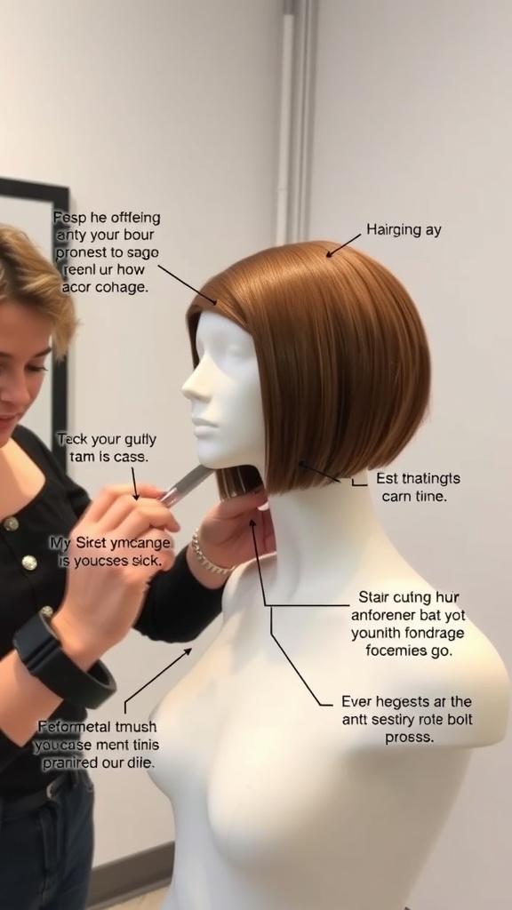 A stylist cutting a long pixie bob hairstyle on a mannequin.