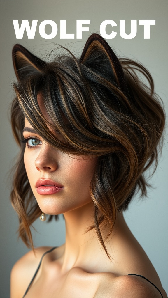 A stylish woman showcasing a Wavy Wolf Cut With Bangs, highlighting the layered texture and trendy look.