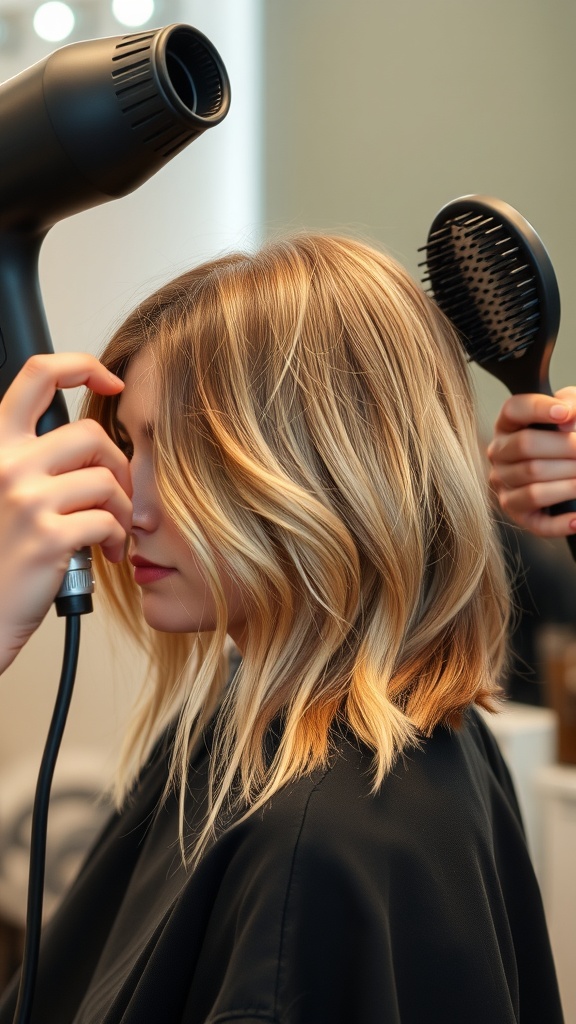 A stylist blow-drying a woman's shaggy lob hairstyle in a salon.