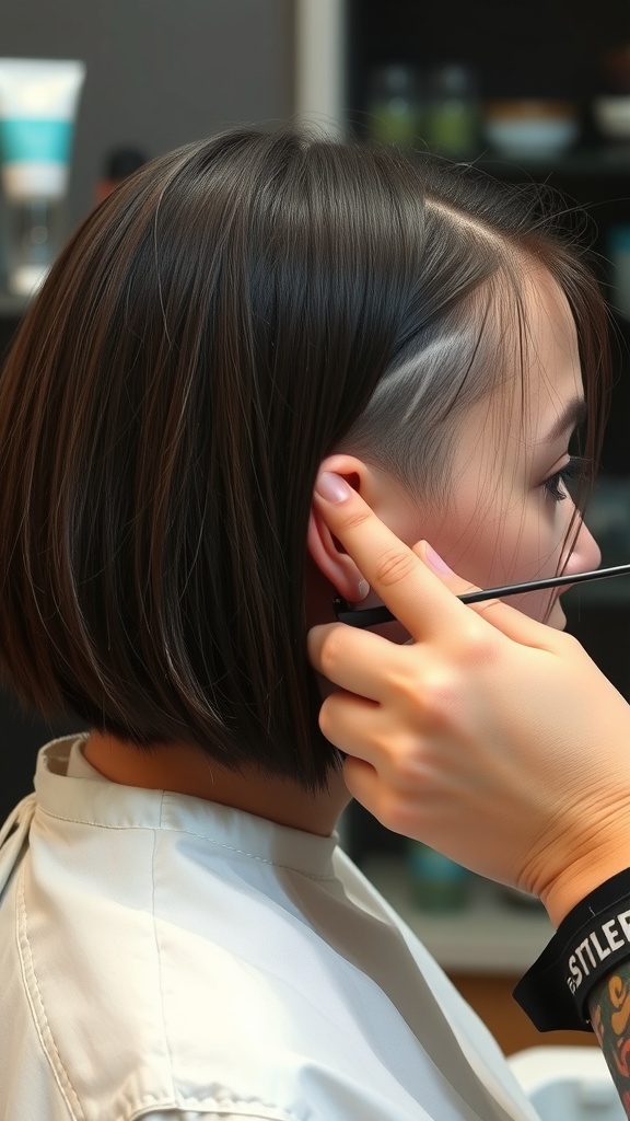 A woman with an undercut bob hairstyle, showing shaved sides and a stylish bob cut.