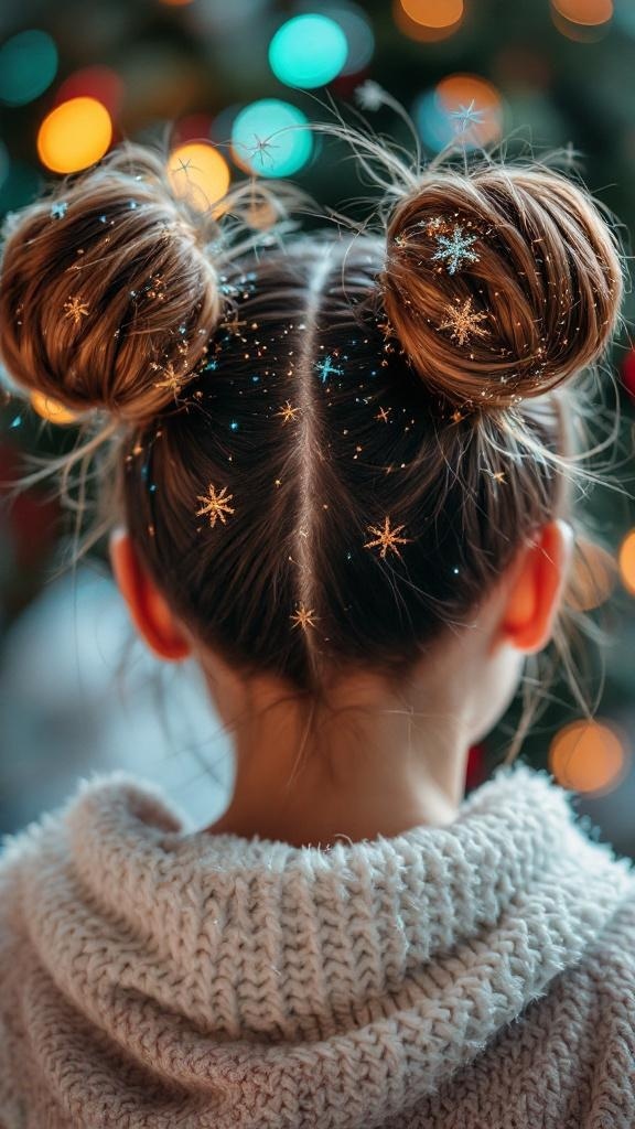 A girl with space buns hairstyle decorated with glitter and snowflakes, set against a backdrop of colorful holiday lights.