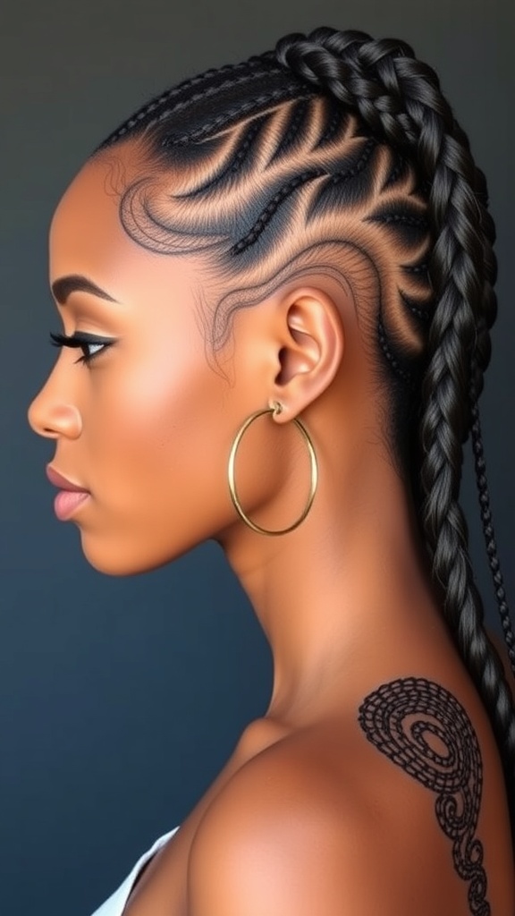 A mannequin displaying a creative swirl cornrow hairstyle with twists and curls.