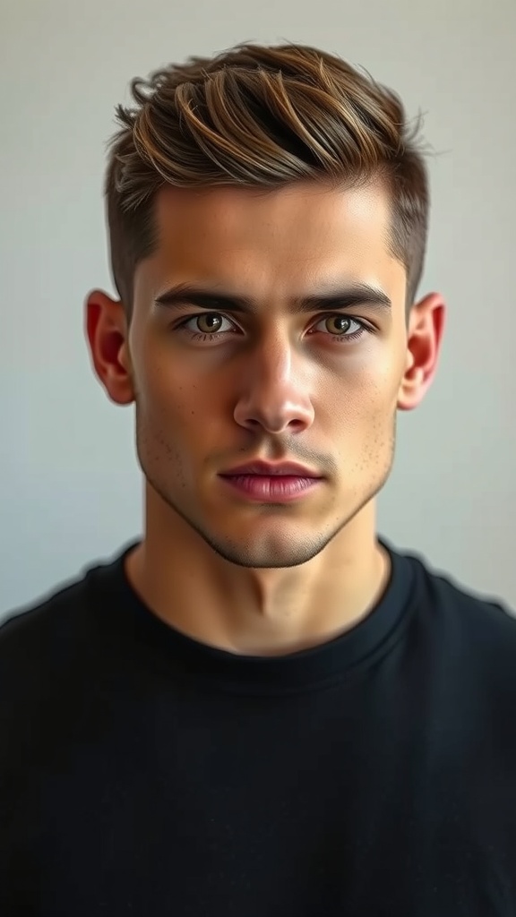A young man with a crew cut and textured top hairstyle, wearing a black shirt.