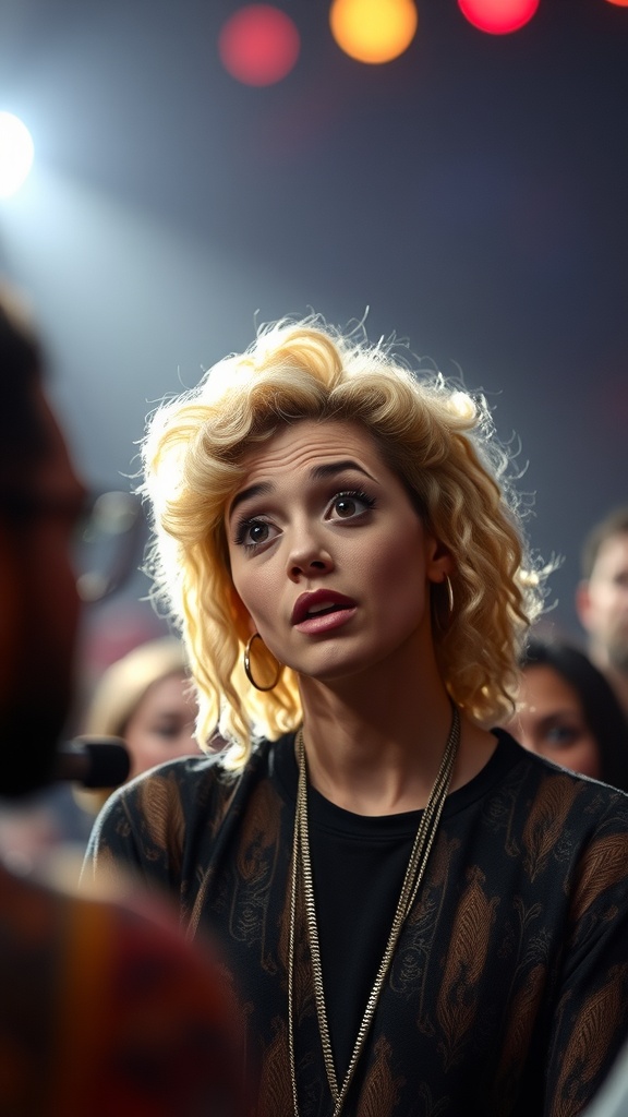 A person with crimped hair looking surprised in a crowded setting.