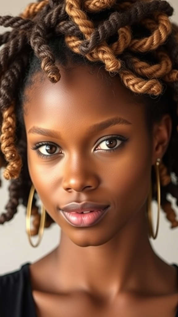 A close-up of a woman with a crown of twisted hair, featuring loose ends, wearing hoop earrings.