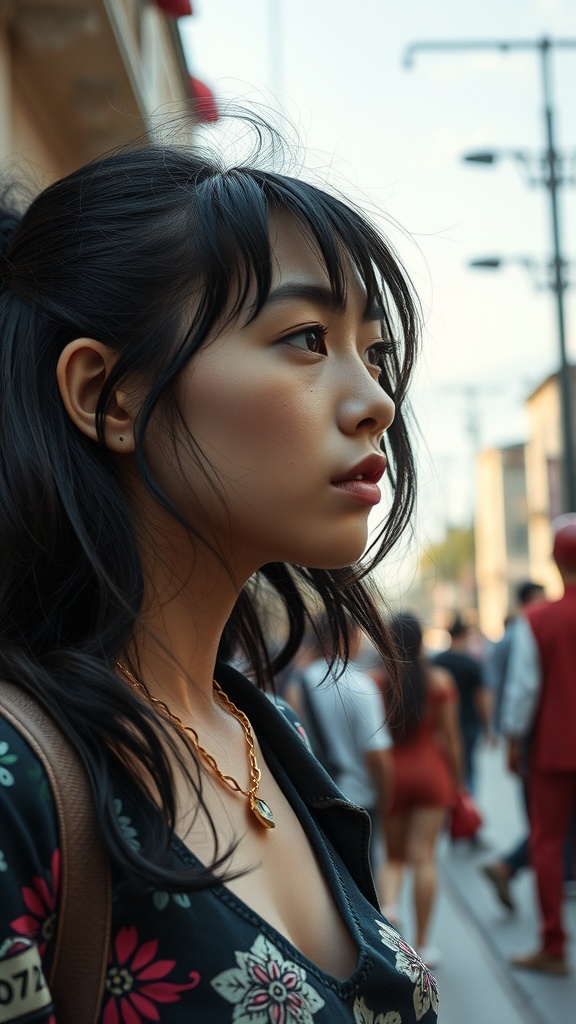 A woman with a faded undercut hairstyle, showcasing her unique style in a busy urban setting.