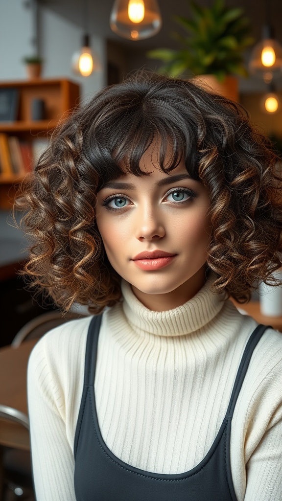 A woman with a curly bob hairstyle and bangs, showcasing her natural texture.