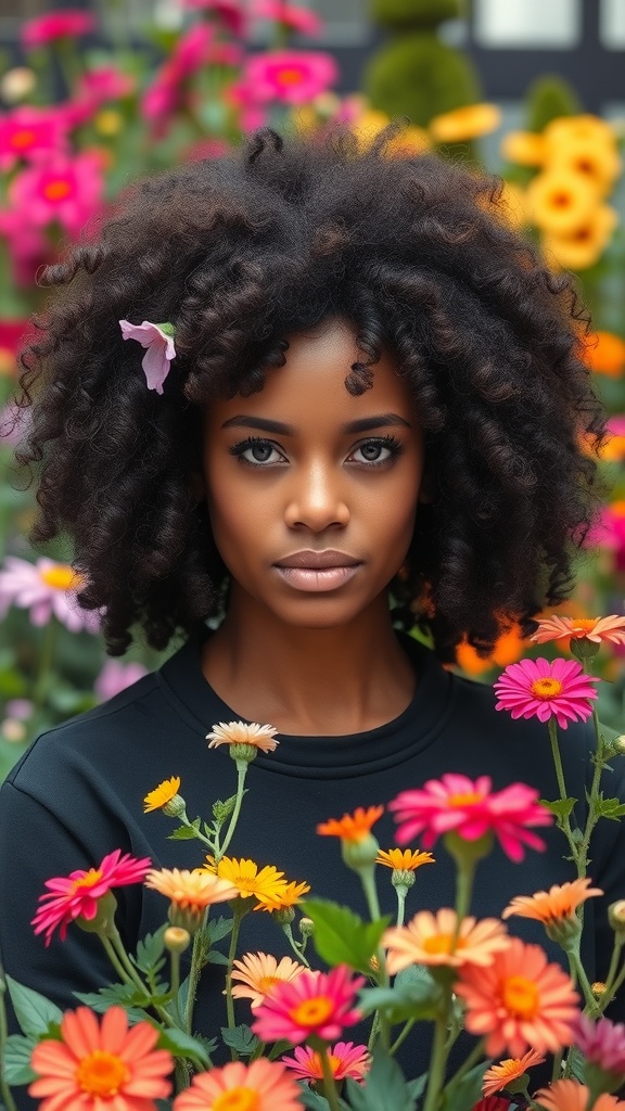 A woman with a curly bob hairstyle surrounded by colorful flowers.