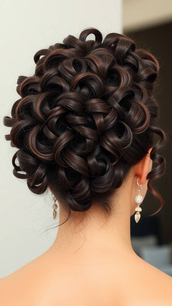 A stylish curly bun hairstyle with tightly wound curls and elegant earrings.