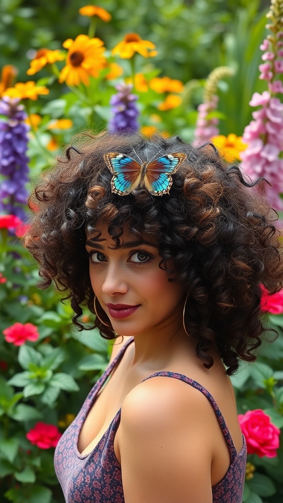 A woman with curly hair styled in a butterfly haircut, wearing a butterfly clip, surrounded by colorful flowers.
