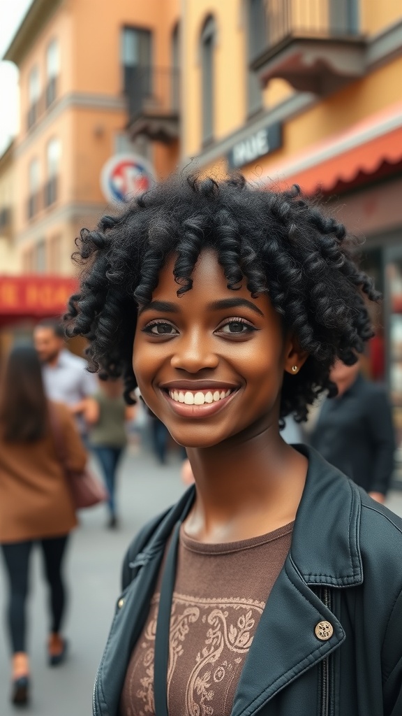 A person with a curly crop hairstyle, smiling in a vibrant urban setting.