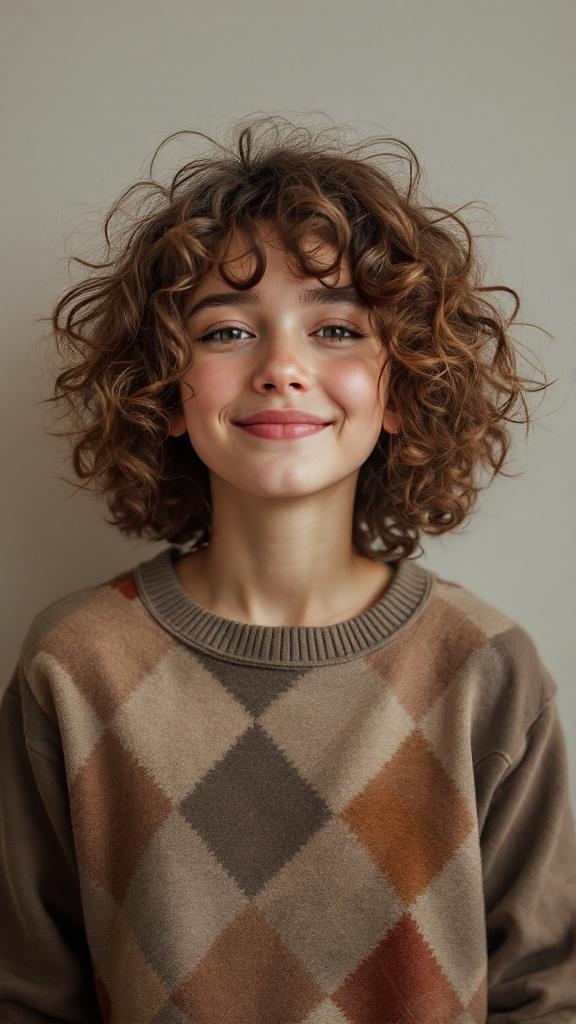 A young person with curly hair styled in an ear-length cut, smiling and wearing a cozy sweater.