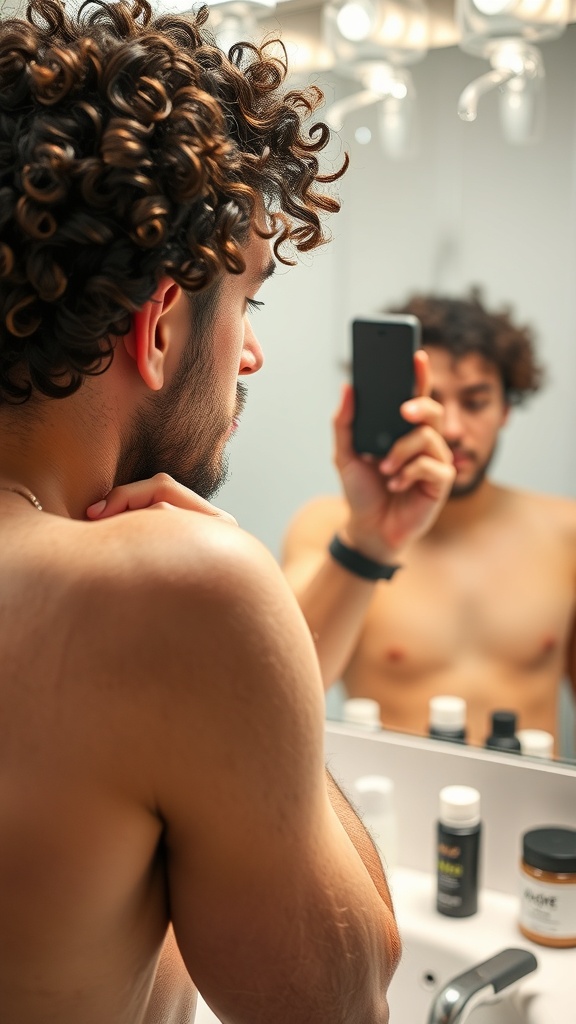 A man with curly hair looking in the mirror while holding a phone, showcasing his hairstyle and grooming products.