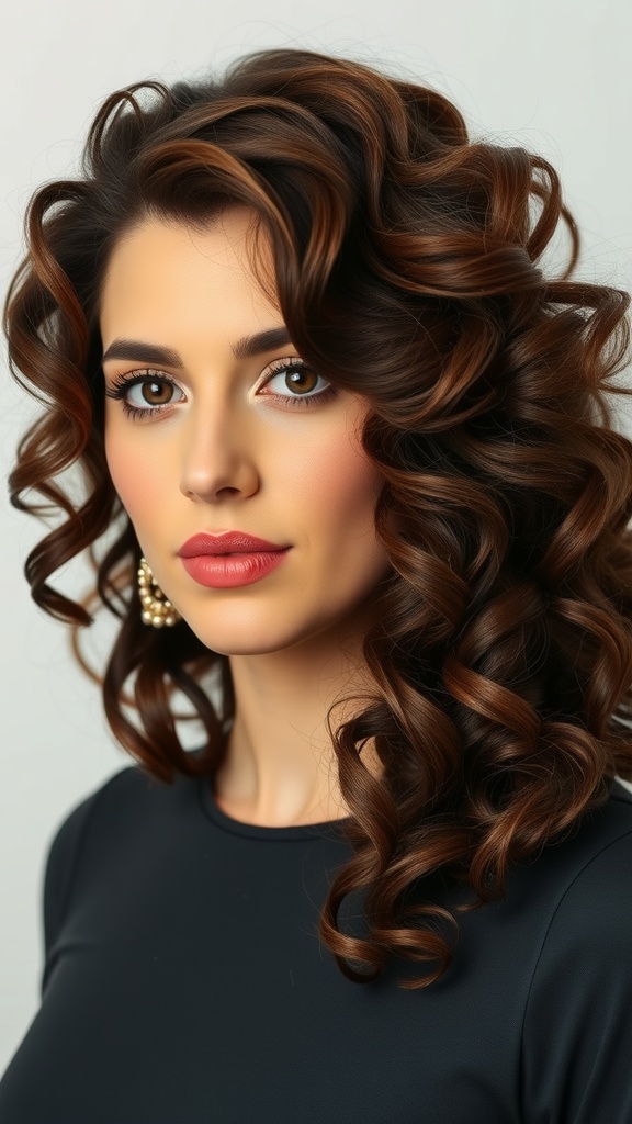 A woman with curly hair styled in a deep side part, showcasing defined curls and warm tones.